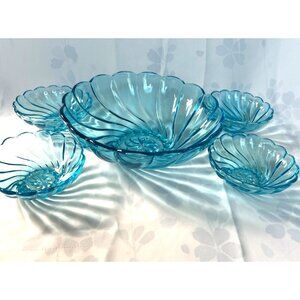 Vintage 1960s Hazel Atlas five piece turquoise blue glass seashell serving bowls
